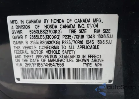 2004 Honda Pilot Ex-L from USA, damaged, VIN 2HKYF18574H547556